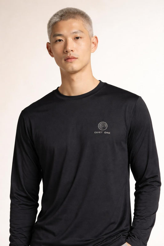 Close-up of the model wearing Civil Risk Black Men's UV Protection Light Long Sleeve Shirt