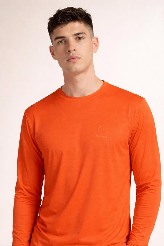 Close-up of the model wearing Civil Risk Orange Men's UV Protection Light Long Sleeve Shirt