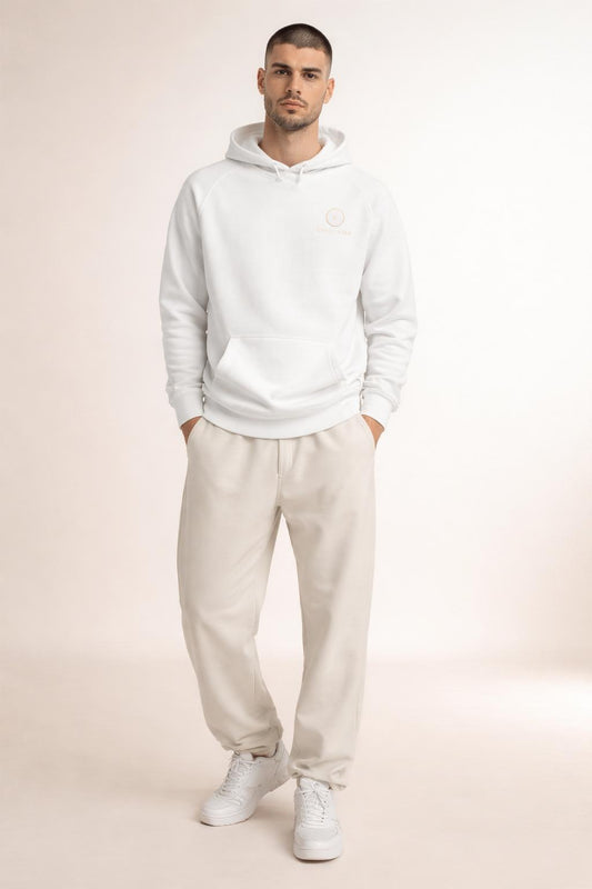 Full body view of the model wearing Civil Risk Men’s White Pullover Hoodie