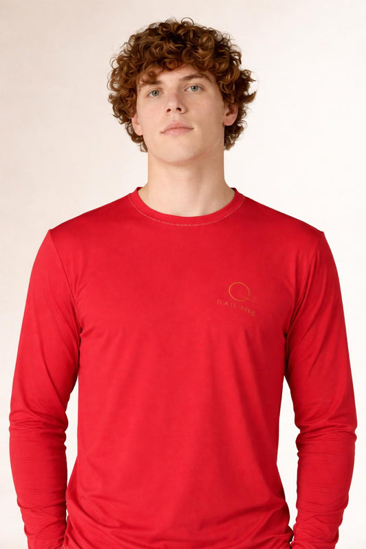 Close-up of the model wearing Civil Risk Red Men's UV Protection Light Long Sleeve Shirt