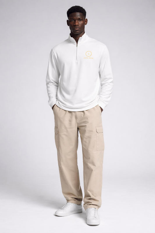 Full body view of the model wearing Civil Risk — Quarter-Zip Pullover