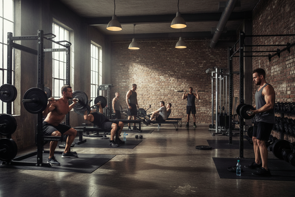 Create a mescaline gym environment of males training on different gym equipment 