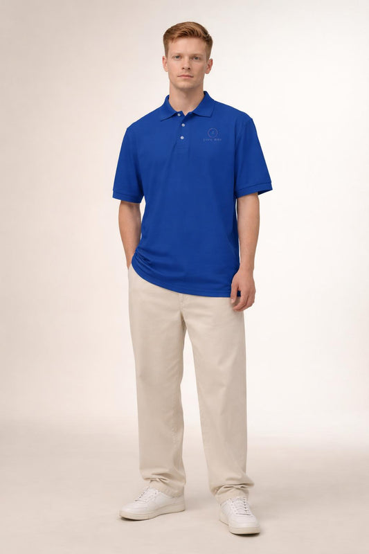 Full body view of the model wearing Civil Risk Men's Royal Blue Polo Shirt
