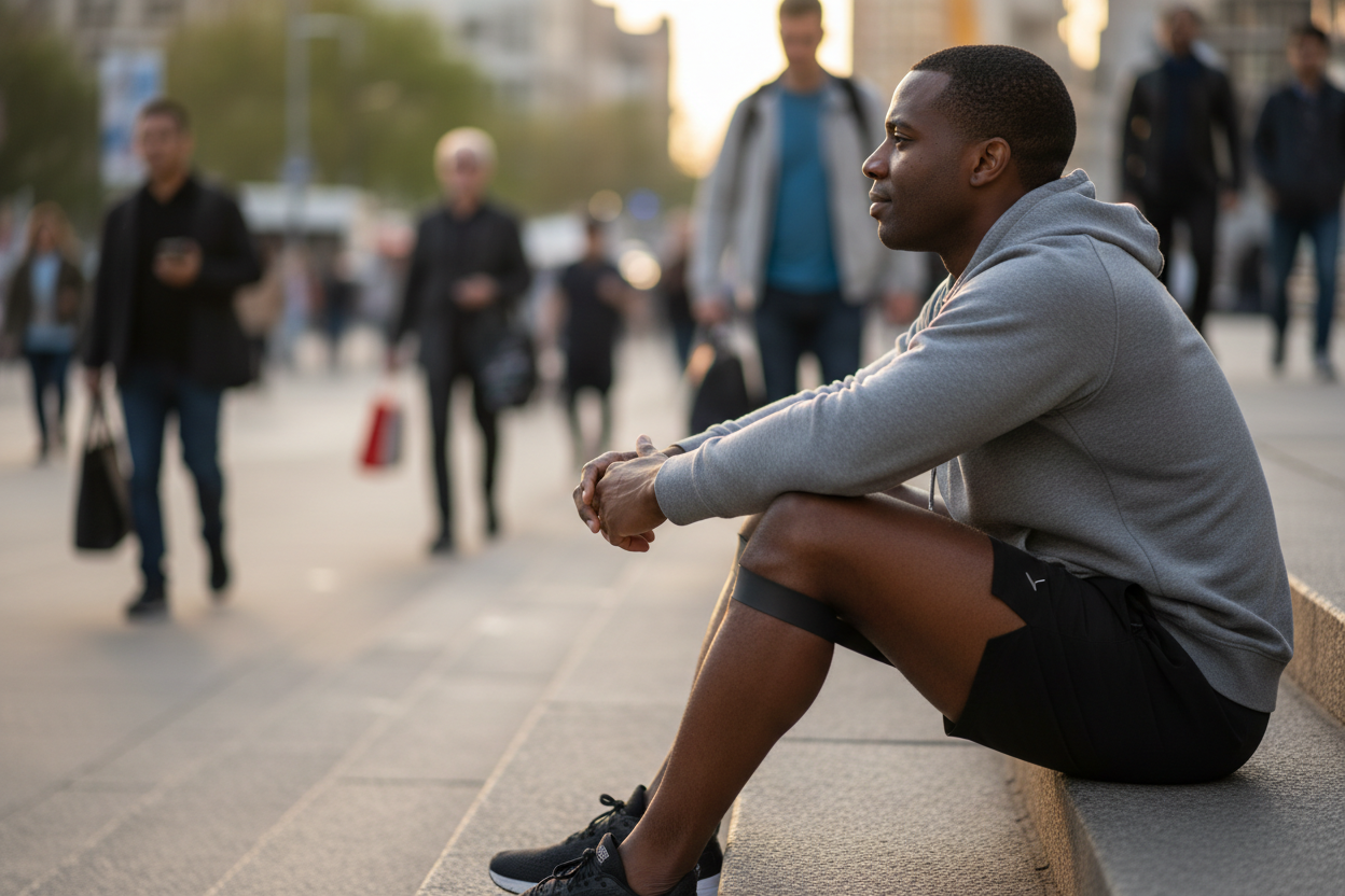 Less smiling, image taken from the side, not frontal 