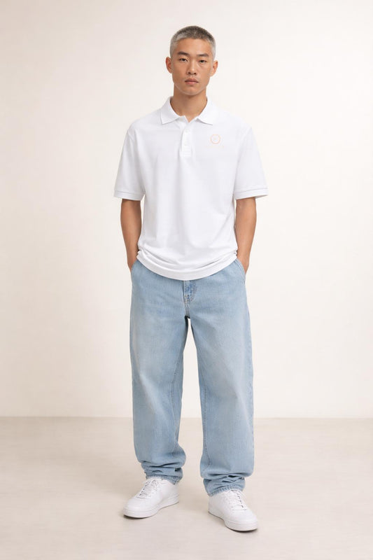 Full body view of the model wearing Civil Risk Men's White Polo Shirt