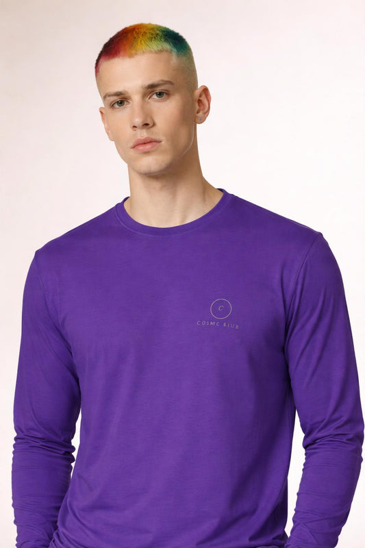 Close-up of the model wearing Civil Risk Purple Men's UV Protection Light Long Sleeve Shirt