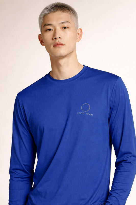 Close-up of the model wearing Civil Risk Blue Men's UV Protection Light Long Sleeve Shirt
